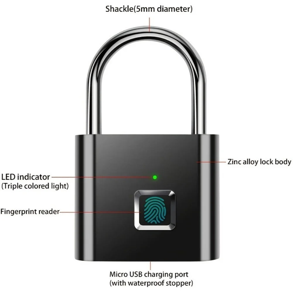 Smart Fingerprint Padlock, Zinc Alloy, Self-Image Chip, Supports Up to 20 Fingerprints, Keyless USB Charging