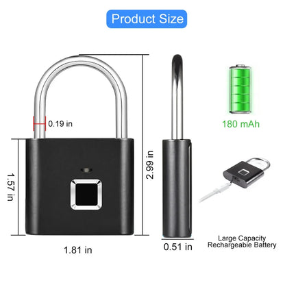 Smart Fingerprint Padlock, Zinc Alloy, Self-Image Chip, Supports Up to 20 Fingerprints, Keyless USB Charging