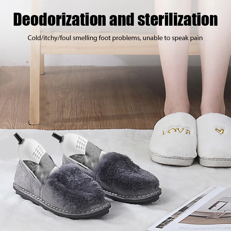 UV electric shoe warmer, deodorizer and dehumidifier device.