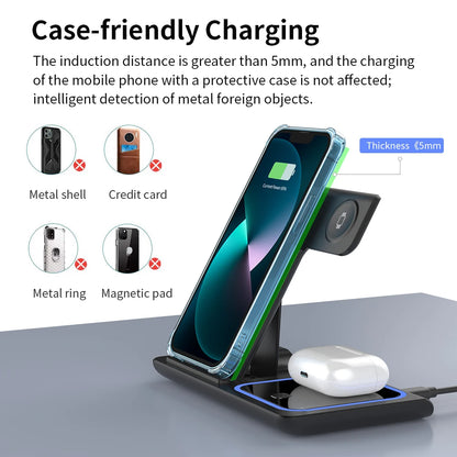 Foldable Charging Dock for Smartphones, Wireless Charger Stand 3 in 1 Foldable Charging Station 30W.