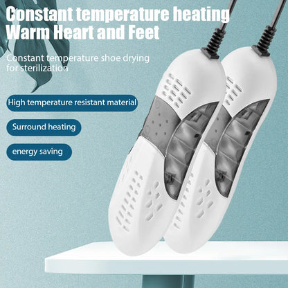 UV electric shoe warmer, deodorizer and dehumidifier device.