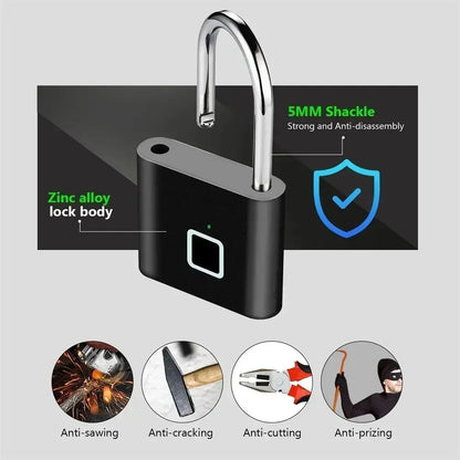 Smart Fingerprint Padlock, Zinc Alloy, Self-Image Chip, Supports Up to 20 Fingerprints, Keyless USB Charging