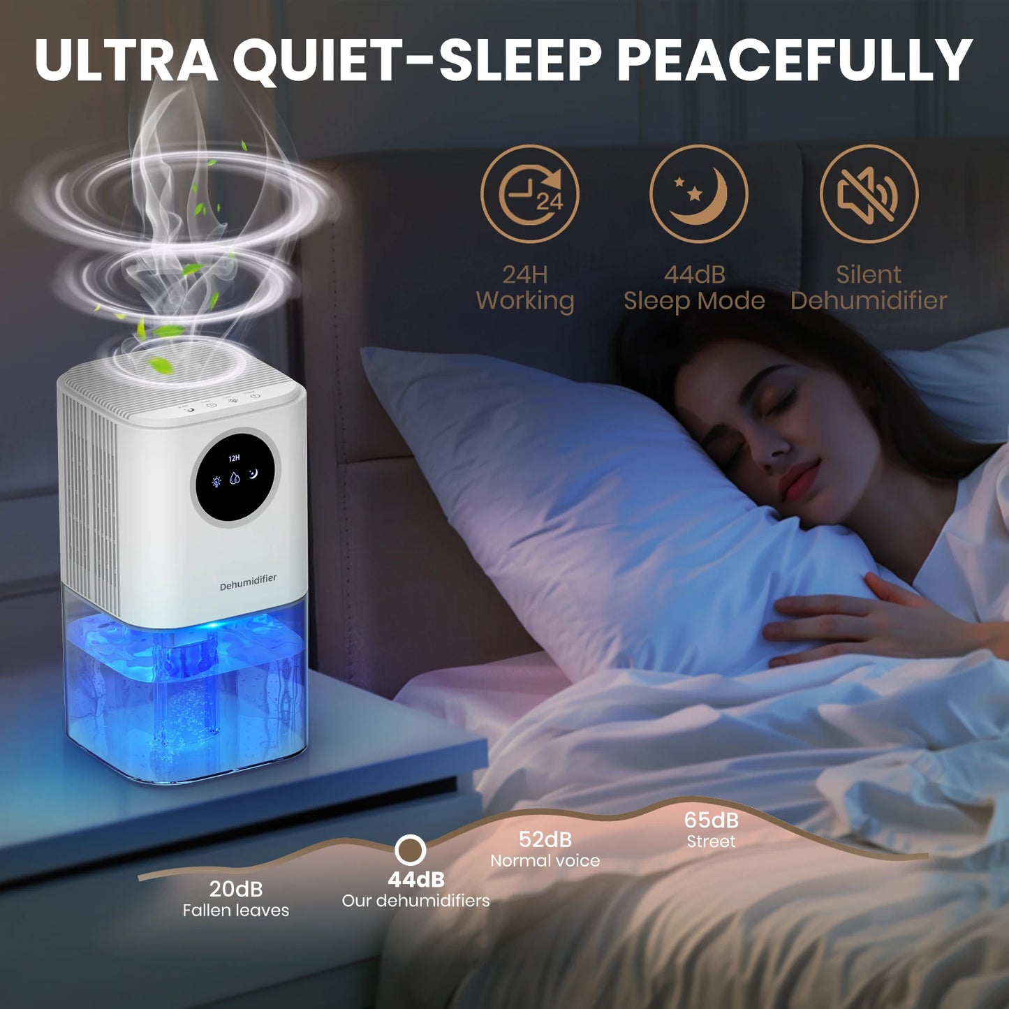 Portable Dehumidifier With 35 Ounces Capacity, Silent Operation, With Romantic Colorful Lights, Timer Switch